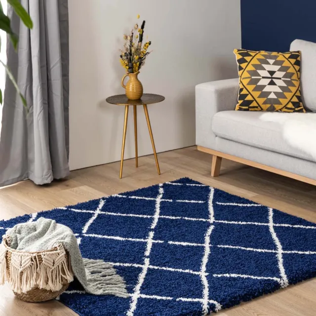Boho&me Vierkant hoogpolig vloerkleed ruiten Artisan - marineblauw/wit 140x140
