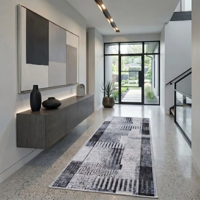 Floordirekt Tapijtloper Op - Grijstinten met Patroon - Antislip & Robuust - Modern - 80 x 350 cm Antraciet/Grijs