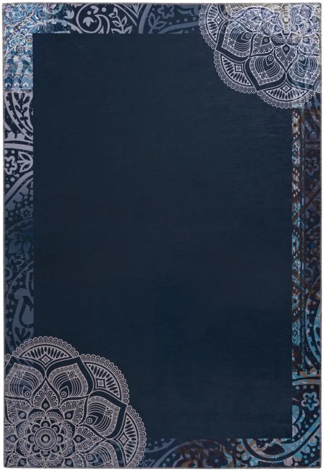 Padiro elegant laagpolig vloerkleed - donkerblauw - vintage patroon - voor vloerverwarming - van polyester en vilt