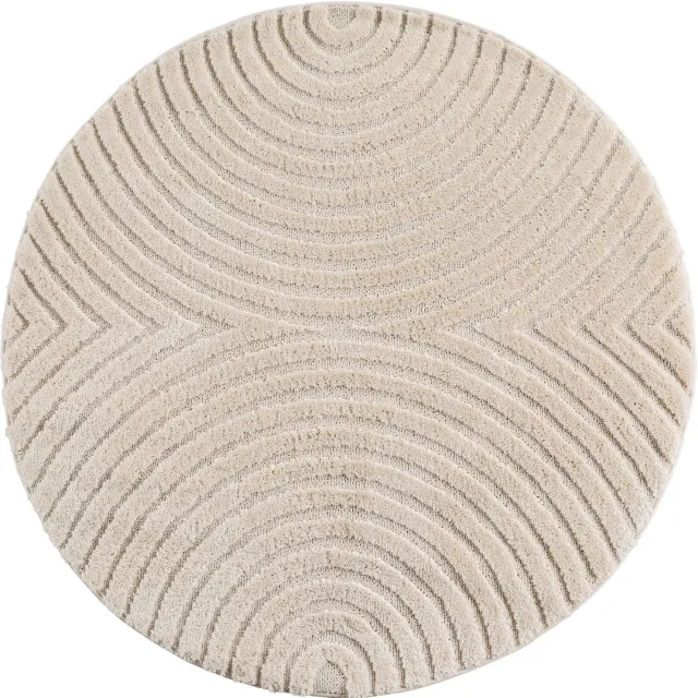 Moonay Kiyaro Arco Vloerkleed Crème 160 cm rond - Japandi Scandinavisch - Lijnen en Bogen - Hoog- en Laagpolig 3D Creme