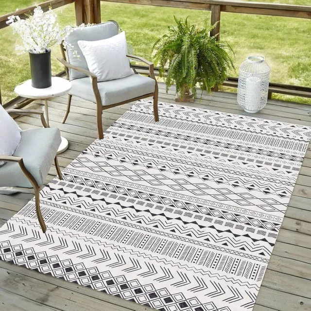 Ibenzoa Abstract Geometric Rug - Black - 120 x 170 cm - Durable Indoor/Outdoor Floor Covering wit
