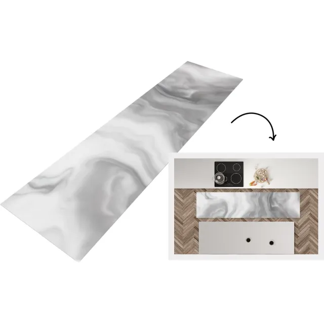 KitchenYeah Keukenloper - Loper keuken - Wit met zwart marmer - Keukenloper vinyl Multicolor
