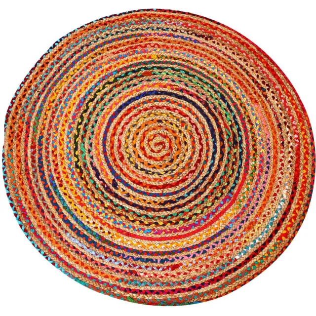 Casa Moro Rond jute vloerkleed – Handgemaakt boho tapijt van jute en katoen – Beige/bruin en kleurrijk – Tamani