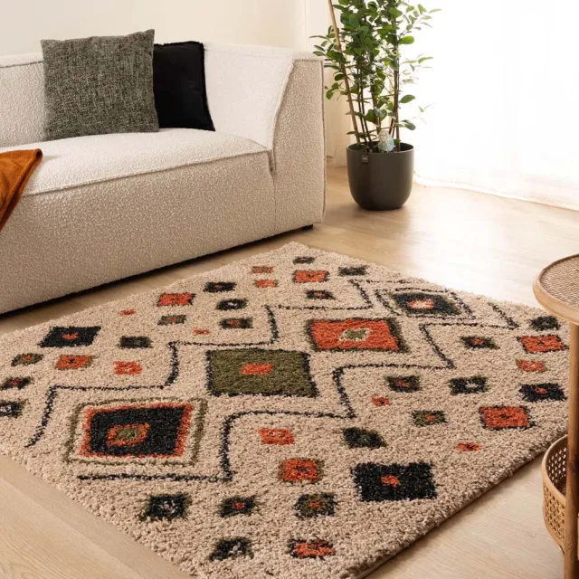 Boho&me Vierkant hoogpolig vloerkleed - Artisan beige/multi 140x140