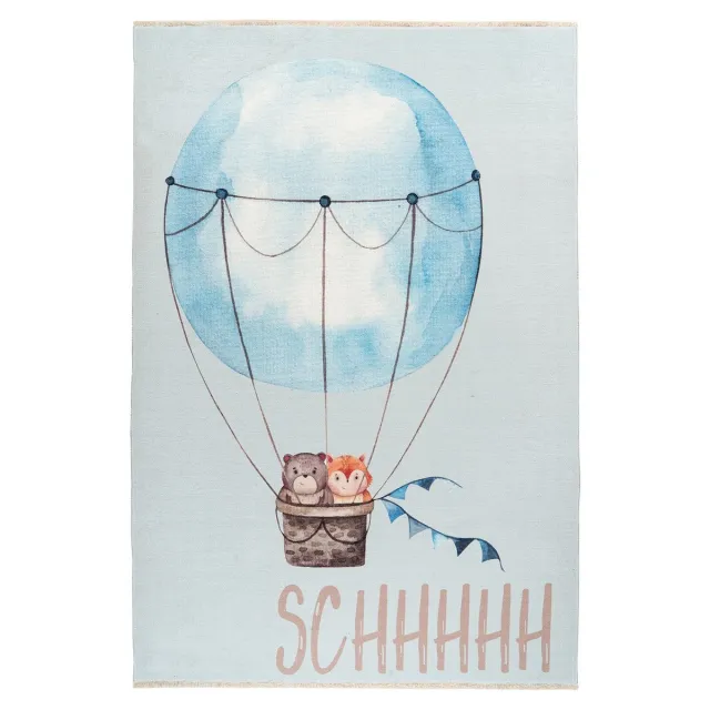 Padiro speels kindervloerkleed 115 x 170 cm - lichtblauw - speels kindermotief - met dieren-in-ballonmotief - met franjes - van katoen en polyester