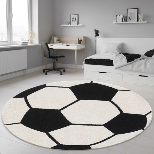 TapisTrend Kinderkleed Zwart-Crème 200 cm rond Rond kindertapijt met - voetbalpatroon voor slaapkamer en speelruimte