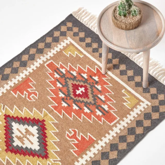 Homescapes Kilim tapijt Jaipur 120x170 cm – handgeweven tapijt van wol en katoen Kleurrijk: Bruin, Grijs, Oranje, Geel, Rood
