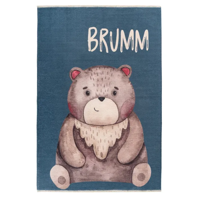 Padiro speels kindervloerkleed 115 x 170 cm - donkerblauw - speels kindermotief - met teddybeermotief - met franjes - van katoen en polyester