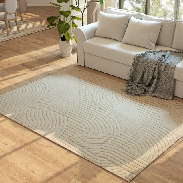 ECTEATOY Vloerkleed - Hoogpolig Tapijt - Geometrisch Jacquard Woonkamerkleed - Antislip - Zacht - 230 x 160 cm - Crème