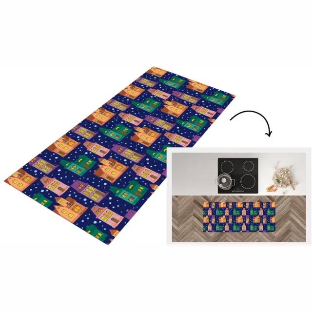 KitchenYeah Keukenloper - Loper keuken - Winter - Patroon - Huis - 120x50 cm - Keukenloper vinyl Multicolor