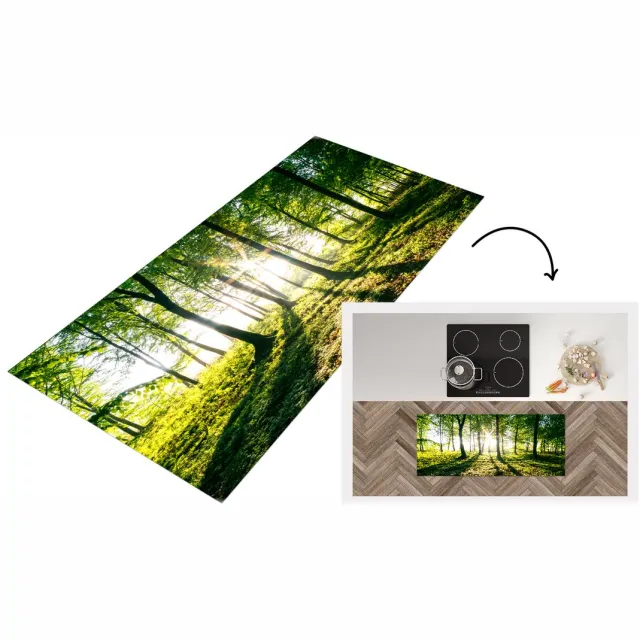 KitchenYeah Keukenloper - Loper keuken - Doorbrekende zon in de bossen van het Nationaal park Söderåsen in Zweden - Keukenloper vinyl Multicolor