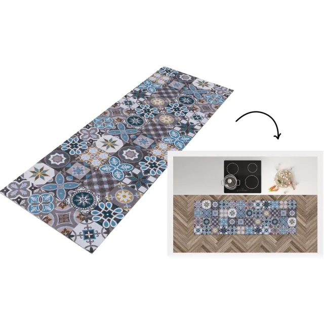 KitchenYeah Keukenloper - Loper keuken - Bloemen - Patronen - Blauw - Bruin - 180x60 cm - Keukenloper vinyl Multicolor