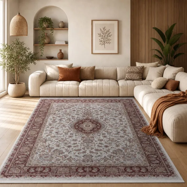 Muratap Star Klassiek Oosters Vloerkleed Wasbaar Anti Slip Creme Rood- 200x290 CM