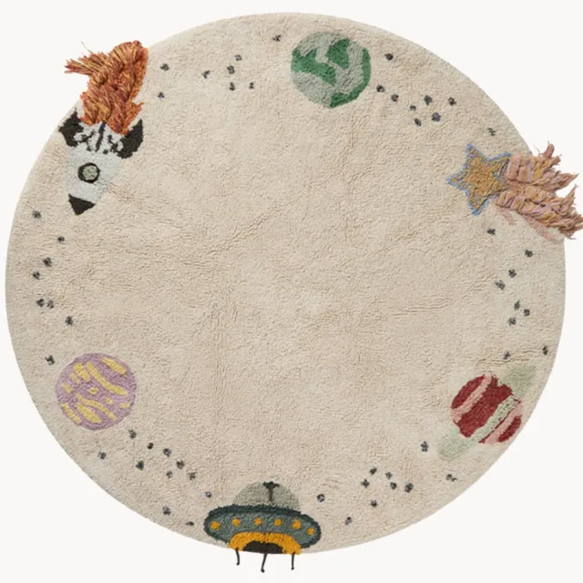 Lorena Canals Rond kindervloerkleed Interstellar Journey, wasbaar Beige, Kleurrijk