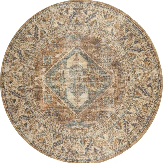 Veer Carpets Vloerkleed Laria Blue 1 Rond - ø120 cm - Laagpolig – Vintage / Klassiek Medaillon Bruin