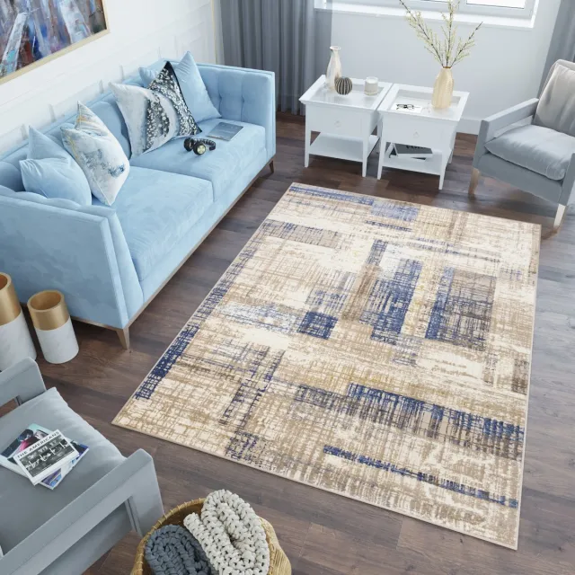 Tapiso Asthane Vloerkleed Beige Blauw Geometrisch Woonkamer Slaapkamer Tapijt Beige Donkerblauw