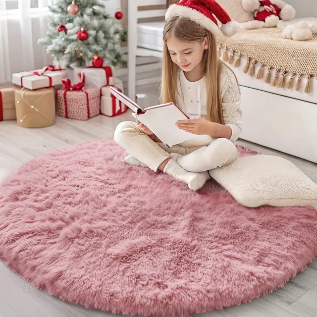 Homaxy Tapijt - Hoogpolig Wasbaar - Voor Woonkamer - Roze - Rond 120 cm Rosa