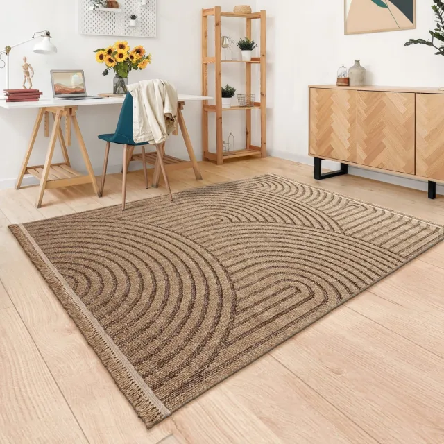 TT Home Binnen- en buitentapijt Woonkamer Weerbestendig Balkon Boho Geo Motief 3D Franjes 120 x 160 cm Rechthoek 120 x 160 cm Rechthoek beige