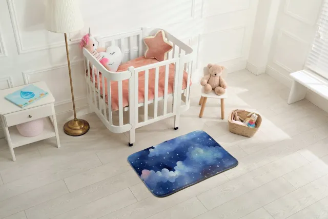 Coloray Vloerkleed voor Kinderkamer - Blauw Laagpolig Tapijt - Wolken En Sterren Vloerkleed Voor Kinderen - Wit Accenten Tapijt Voor Kinderkamer - Polyester Vloerkleed - 90x60 cm Blauw - Wolken En Sterren