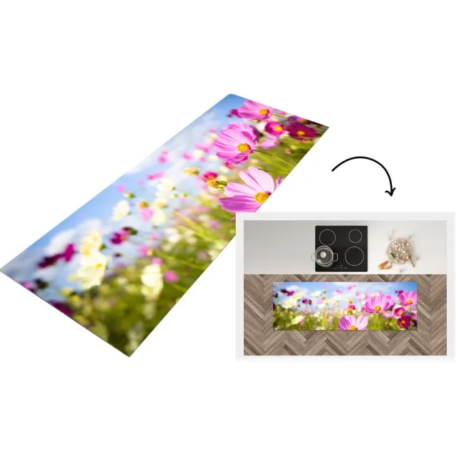 KitchenYeah Keukenloper - Loper keuken - Bloemen - Wei - Paars - 180x60 cm - Keukenloper vinyl Multicolor