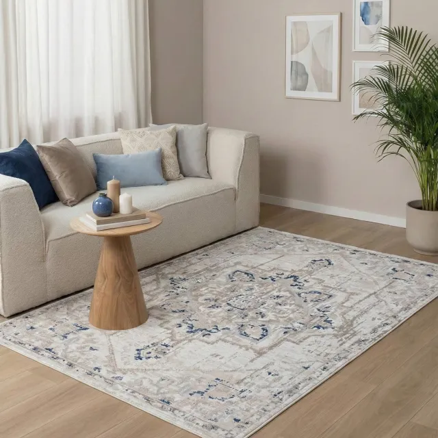 flycarpets Ancora Vintage vloerkleed - Creme / Blauw - Laagpolig Tapijt Woonkamer - 200x290 cm