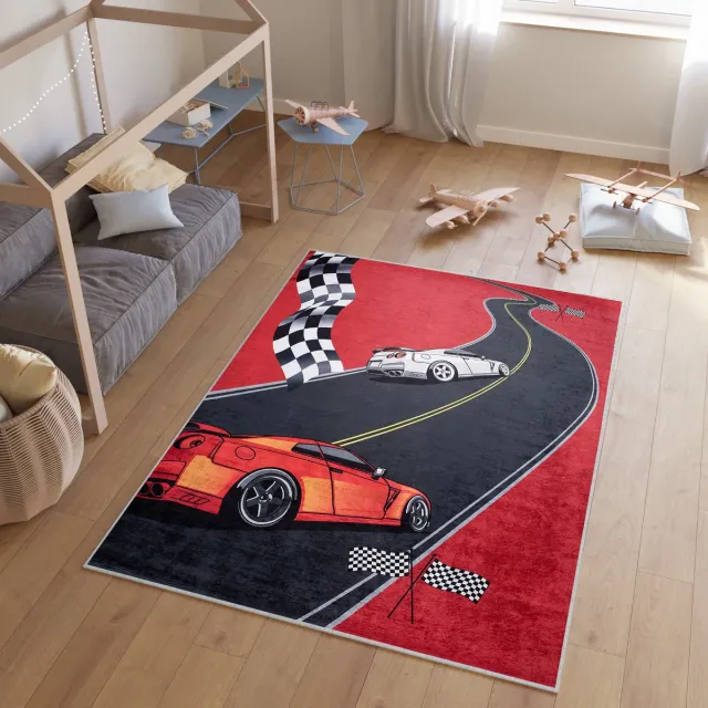 Tapiso Emma Vloerkleed Kinderkamer Race Auto Jongen Speelmat Rood Zwart