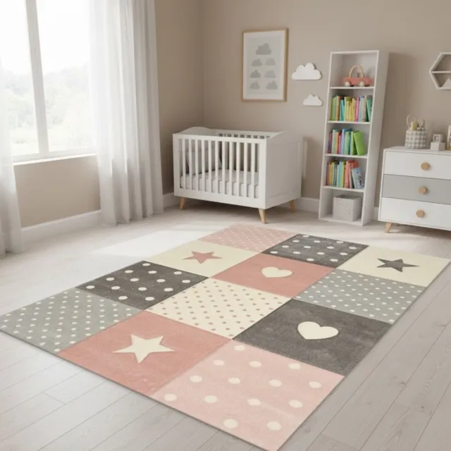 TapisTrend Kinderkleed Roze geruit vloerkleed met reliëfsterren, hartjes en stippen voor de kinderkamer en speelkamer