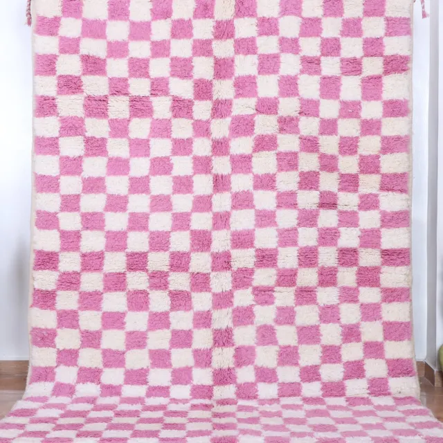 Poufs&Pillows Modern geruit tapijt roze-wit - 250 x 170 cm - Handgeknoopt vloerkleed, hoogpolig tapijt, geblokt tapijt Berber vloerkleed