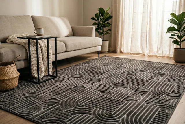 Padiro stijlvol laagpolig vloerkleed 200 x 290 cm - donkergrijs - modern Japandi ontwerp - voor vloerverwarming - van polyester en katoen