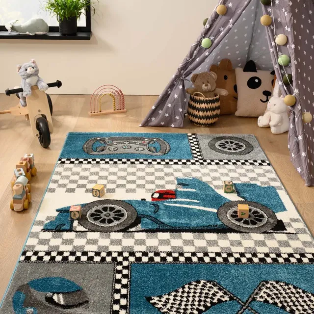 Tapeso Kindervloerkleed - Racing Adventures blauw 80x150