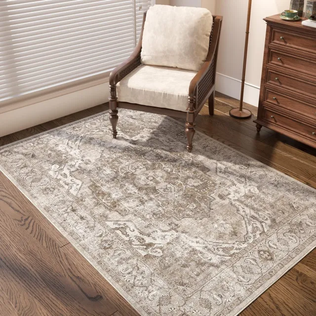 Ibenzoa Vintage Bloemenprint Vloerkleed 90 x 150 cm met Antislip en Wasbare Eigenschappen bruin