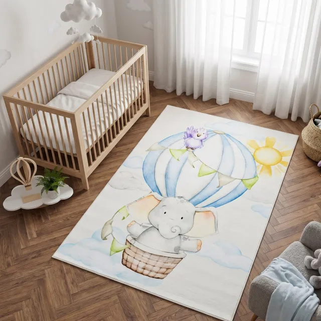 Tapiso Kids Kindervloerkleed Olifant Luchtballon – Zacht Babykamertapijt Crème Blauw Aquarel – Antislip Wasbaar 140x200 Creme