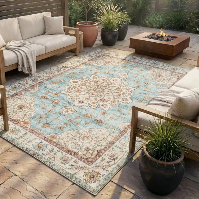 Fraai Vintage buitenkleed - Santo Medaillon Lichtblauw - 160x230cm