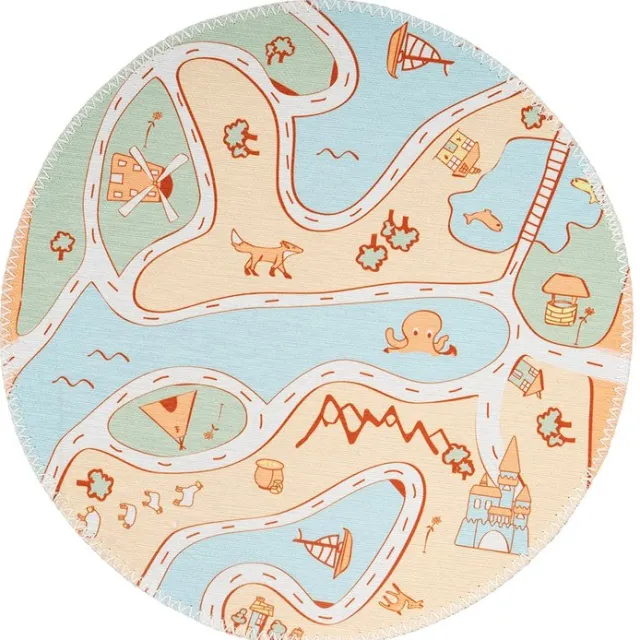 Padiro rond speels kindervloerkleed Ø 160 cm - lichtblauw - speels kindermotief - met stads, landschaps- en riviermotief - voor vloerverwarming - van polyester en katoen