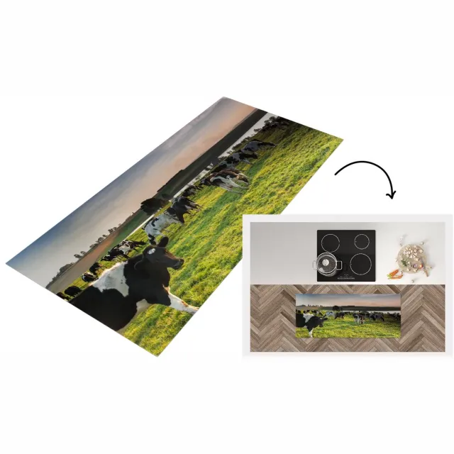 KitchenYeah Keukenloper - Loper keuken - Koeien - Gras - Zonsondergang - Keukenloper vinyl Multicolor
