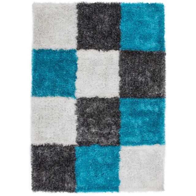Padiro knus hoogpolig shaggy vloerkleed 200 x 290 cm - turquoise - geometrisch ruiten- en blokkenpatroon - met een zachte uitstraling - voor vloerverwarming - van polyester en katoen blauw