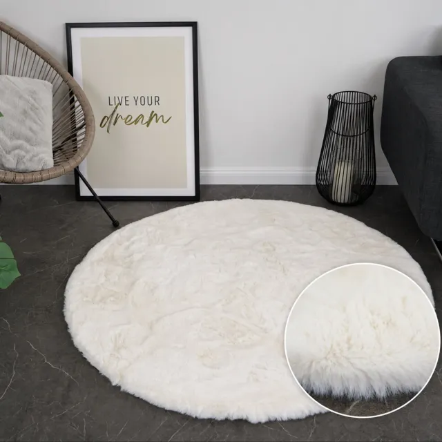 Moonay KNUFFEL Fluffy Vloerkleed – Ivoorwit / Off-white – Ø 160 cm – Hoogpolig 30 mm Shaggy Tapijt – Zacht – Rond Ivoor wit