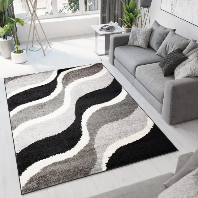 Tapiso Delhi Vloerkleed Grijs Zwart Golven Kleed Tapijt Grijs Zwart Wit