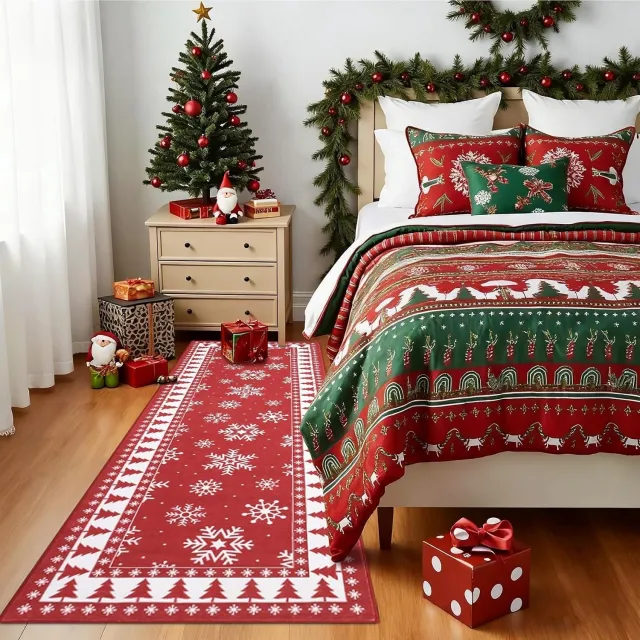 Triumpunpre Kerstvloerkleed - Opvouwbaar Printtapijt met kerstmotief met Antislip TPR Onderkant - Rood 60 x 180 cm