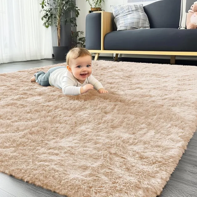 Homaxy Pluizig Vloerkleed - Zacht Tapijt - Woonkamer Decoratie - Machinewasbaar Antislip - 120x160 cm - Beige