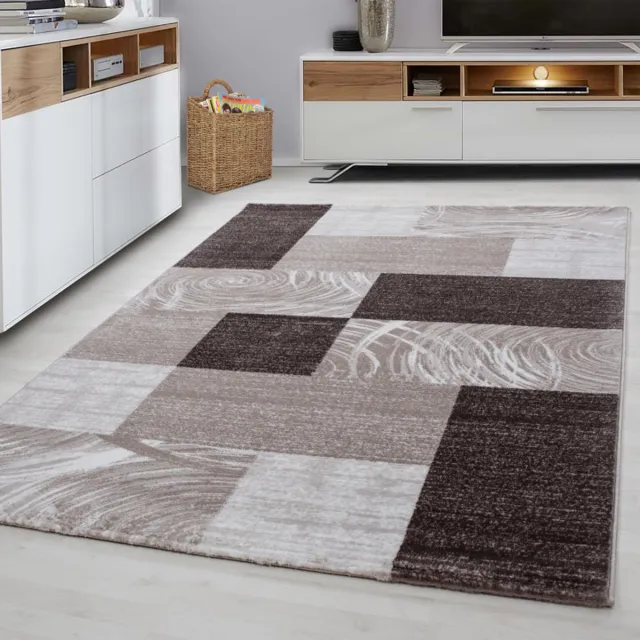 Ayyildiz Laagpolig vloerkleed met abstract ruitpatroon, bruine kleur, geschikt voor de woonkamer, met een jute achterkant, afmetingen: 280 x 370 cm