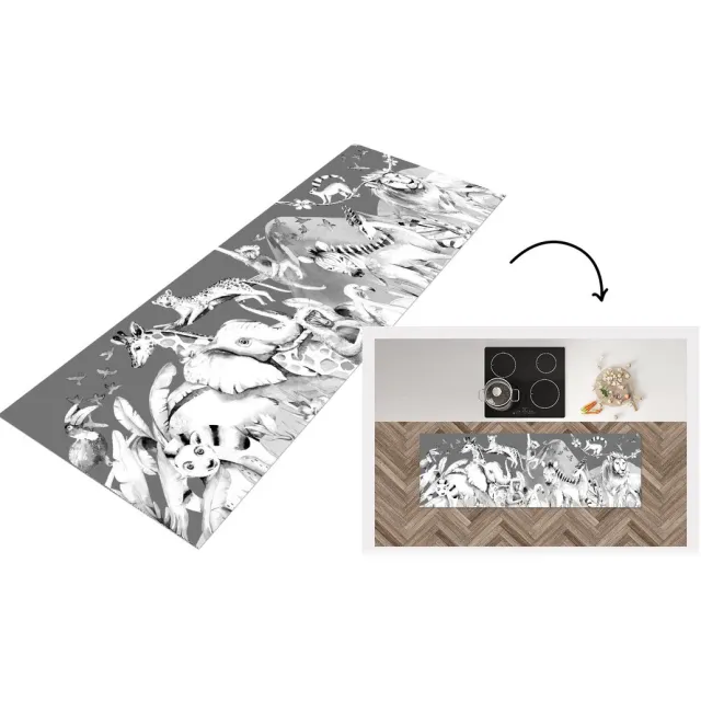 KitchenYeah Keukenloper - Loper keuken - Watercolor jungledieren grijze achtergrond met bergen - zwart wit - 150x50 cm - Keukenloper vinyl Zwart; Wit