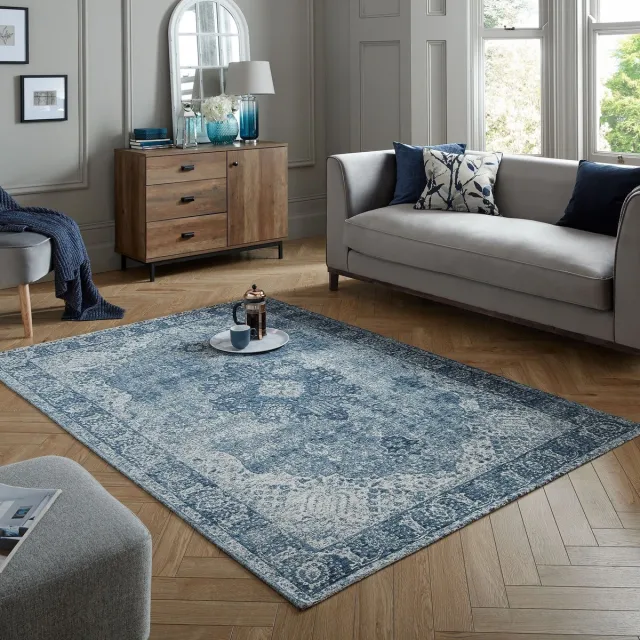 flycarpets Vintage Vloerkleed - Antique Traditioneel - Laagpolig - Medaillon - Blauw - 155x230 cm
