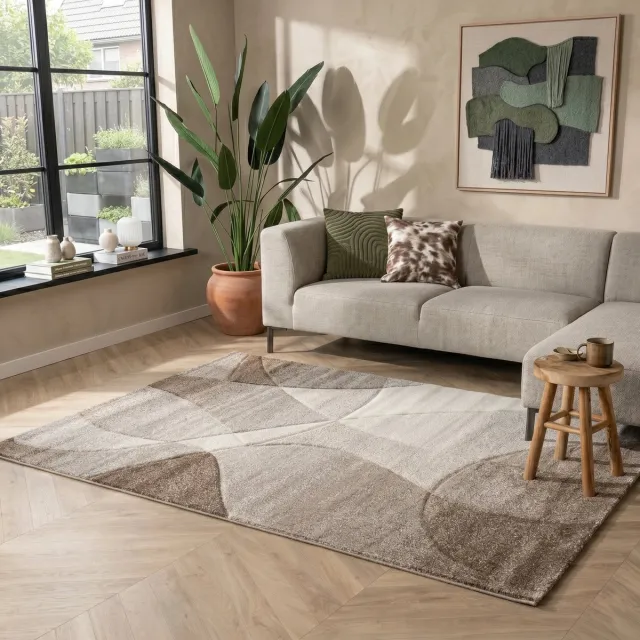 flycarpets Vernazza Abstract Vloerkleed - Beige / Grijs - Laagpolig Tapijt Woonkamer