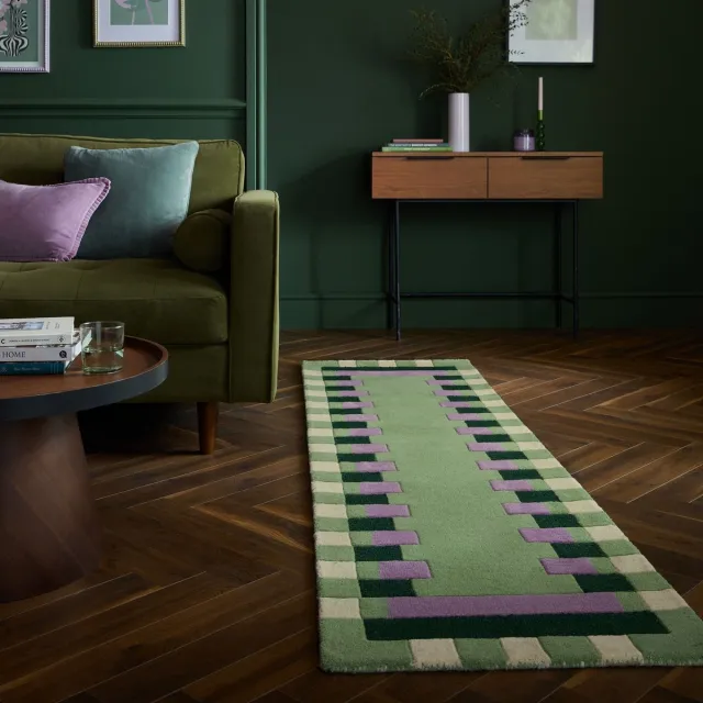flycarpets Loper Wollen Vloerkleed Kai - Kader - Lijstmotief - Groen / Paars