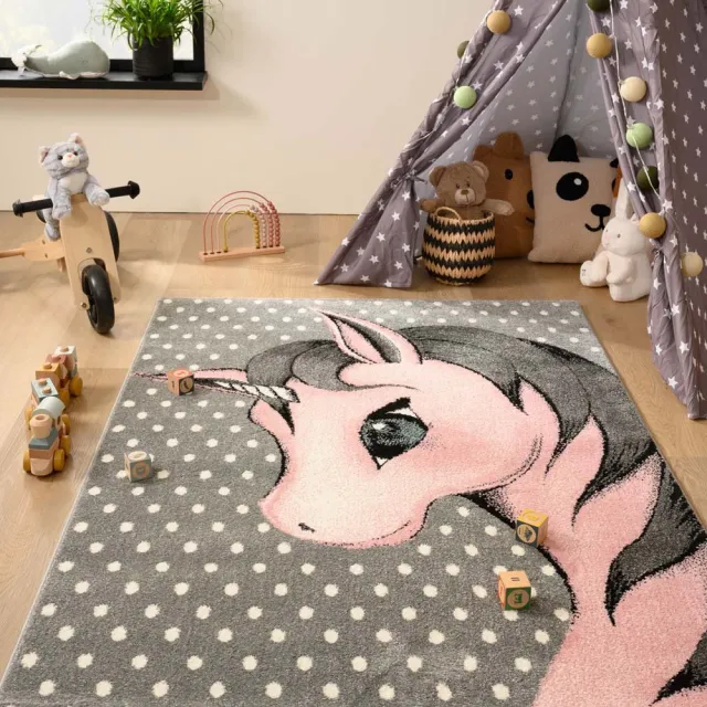 Tapeso Kindervloerkleed unicorn - Adventures grijs/roze 200x290