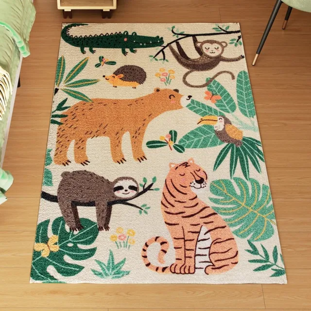 MUVANO Jungle Vloerkleed - Fleece Tapijt - Botanisch Kleed - Zacht - Onderhoudsvriendelijk - Comfortabel - Slijtvast - Kinderkamer - 150x80 cm - Crèmewit