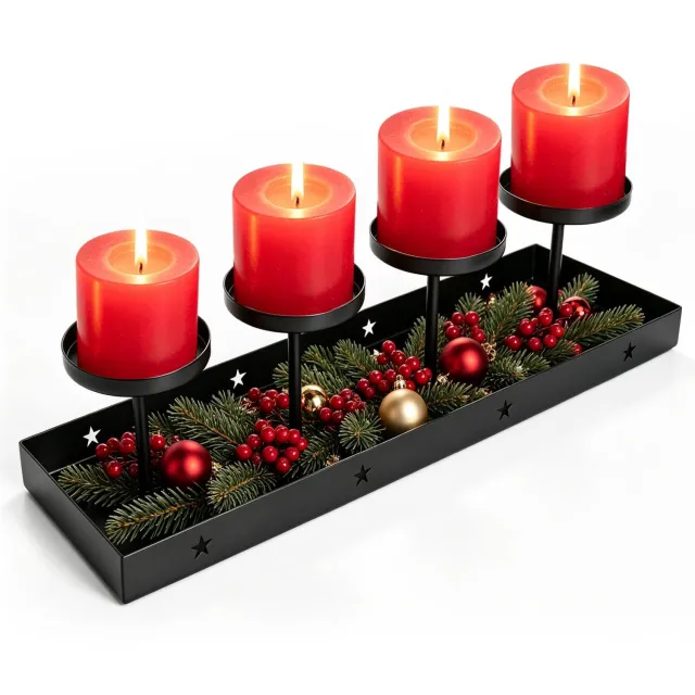 Famanu Langwerpige adventskrans van metaal, moderne kerstdecoratie voor tafel, 43 cm, met 4 kunstvolle kaarshouders, ideaal voor een feestelijke sfeer in huis Grijs