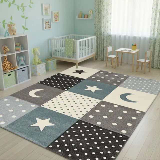 TapisTrend Kinderkleed Blauw 80x150 cm geruit vloerkleed met reliëf van sterren, manen en stippen voor de kinderkamer en speelkamer
