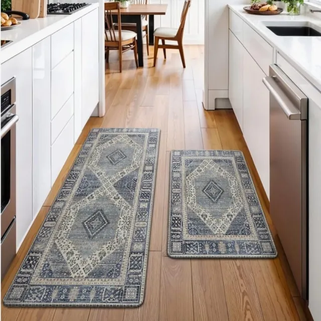 GENIMO Tapijt en -Set van 2 keukentapijten met antisliponderlaag-Vochtwerend en makkelijk te onderhouden-Voor keuken, hal en woonkamer-Blauw